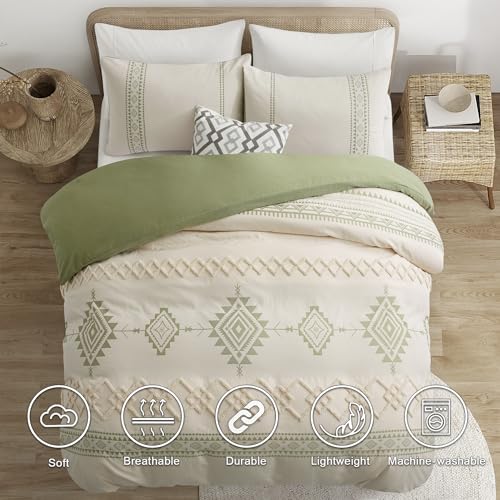 Image of Oli Anderson Boho Duvet Cover Set Twin Size, Beige and Sage Green Color Clash 2 Pieces Microfiber Bedding Set, Durable and Super Soft Duvet Covers with Zipper and Ties, 68 inch*90 inch