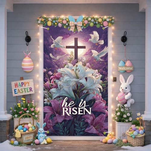Image of Religious Easter Door Cover He is Risen Cross Door Banner Scripture Easter Door Covers for Front Door Christian Easter Decorations 35x71 Inch