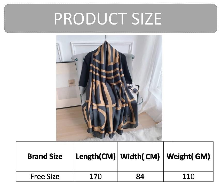 Image of Alexvyan Satin Silk Summer Scarves 170 x 84 cm, Black and Gold Geometric Pattern with Stitched Border, Lightweight Fashion Scarf for Women Sun Protection Stole