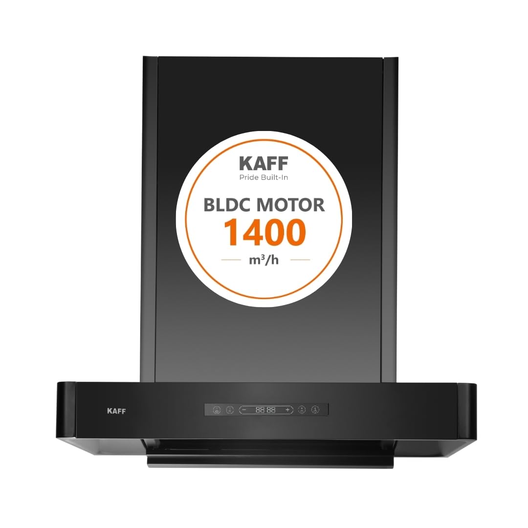 kaff ket60b-dc bldc motor t-shape 60 cm filterless auto clean chimney | real time display upto 1400 m3/hr | touch & gesture control | 9 speed | 2 yrs comprehensive warranty, lifetime on motor*
