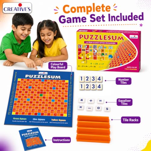 Image of Creative's Puzzlesum, Equation Scoring, Maths Board Games, 92 Number Tiles, 92 Equaliser Tiles, 4 Racks Colourful Board, Score Points by Making Equations, Educational Family Board Game Ages 8+