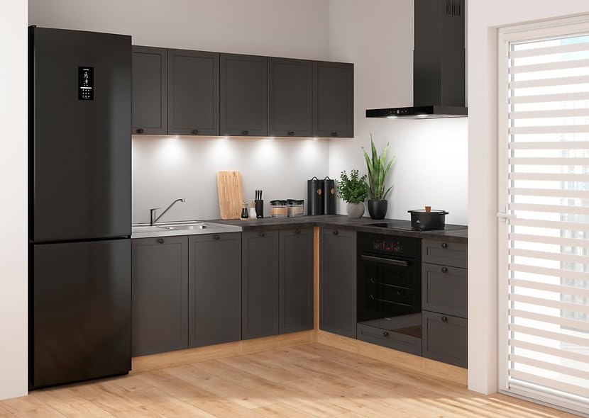 PEGANE Cuisine d'angle complète 200x200 cm, Meubles de Cuisine modulables Coloris Gris Graphite/Chêne Bernstein, Plan de Travail Noir Inclus