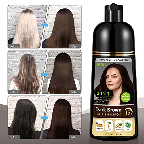 Ivnil Dark Brown Hair Dye Shampoo Herbal Hair Color Shampoo 3 In 1 Permanent Natural Shampoo - 100% Grey Hair Coverage For Women And Men - Ammonia Free, Gift For Mom Dad Instant Result - 400Ml #TOP1