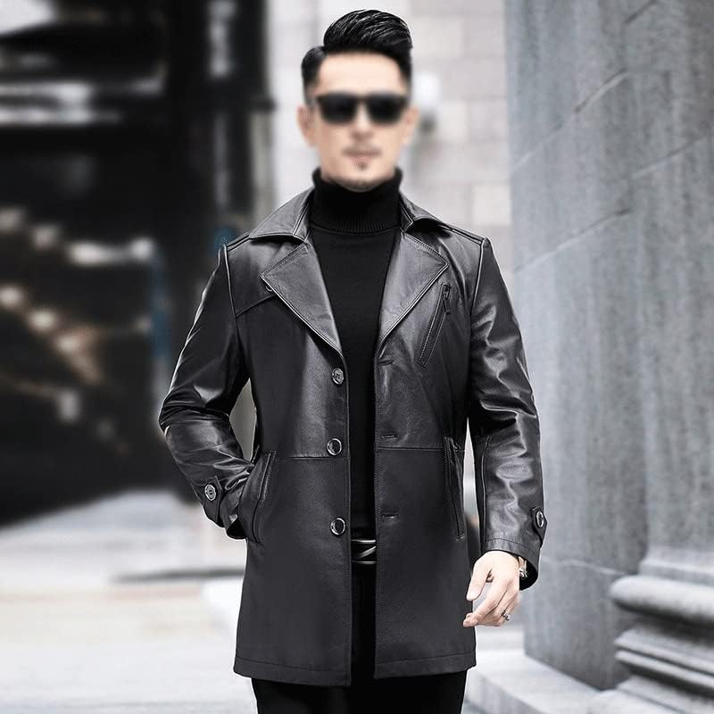 GDDZA 春と秋のレザーコートメンズロングレザーとベルベット
