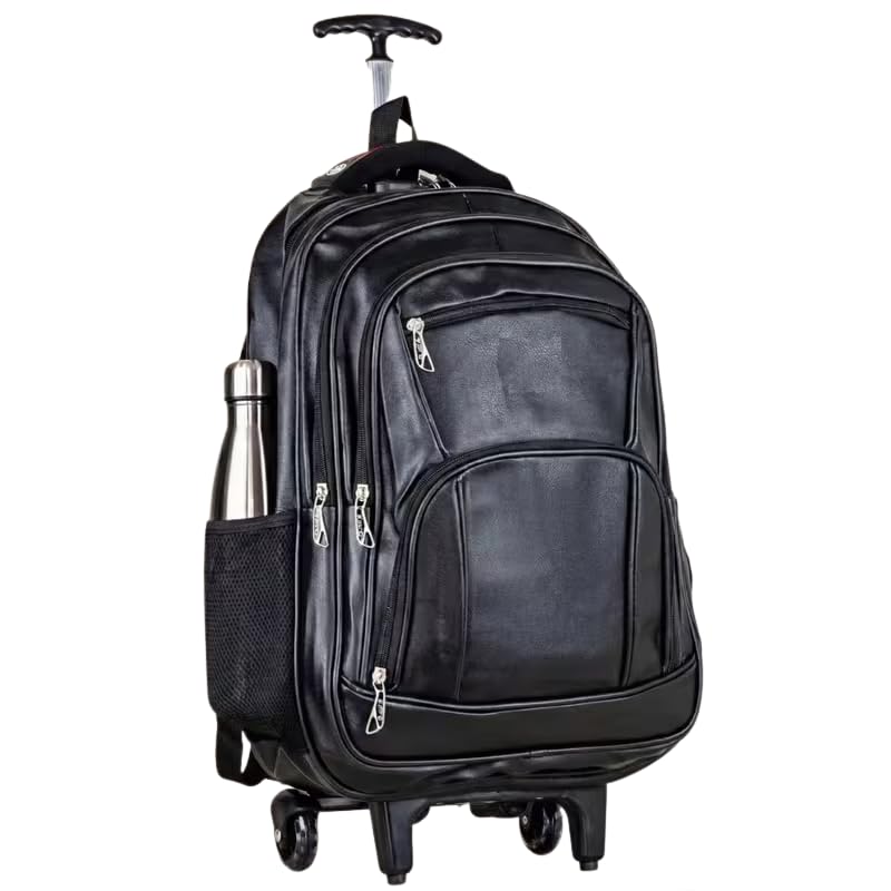 Mochila Executiva com Rodinha e Alça Telescópica, Couro PU, Azul, para Notebook