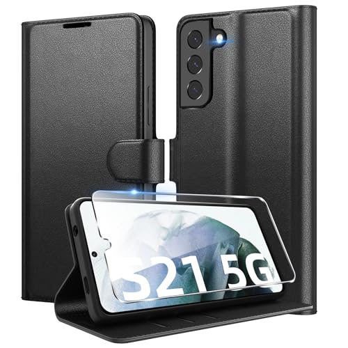 Eirltiy Coque pour Samsung Galaxy S21 5G + 1 Verre Trempé Protection écran,[Housse Premium en Cuir PU][Fentes pour Cartes][Pochette de Portefeuille],Etui à Rabat pour...