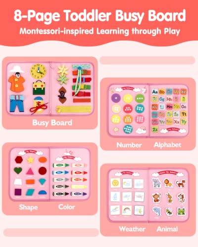 Image of hahaland Busy Board Montessori Toys Busy Book Toddler Girl Gifts Travel Toy | Toddlers Educational Learning Toys with Life Skills, Alphabet, Number, Shape, Color, Weather, Detachable Pages for Car Ride
