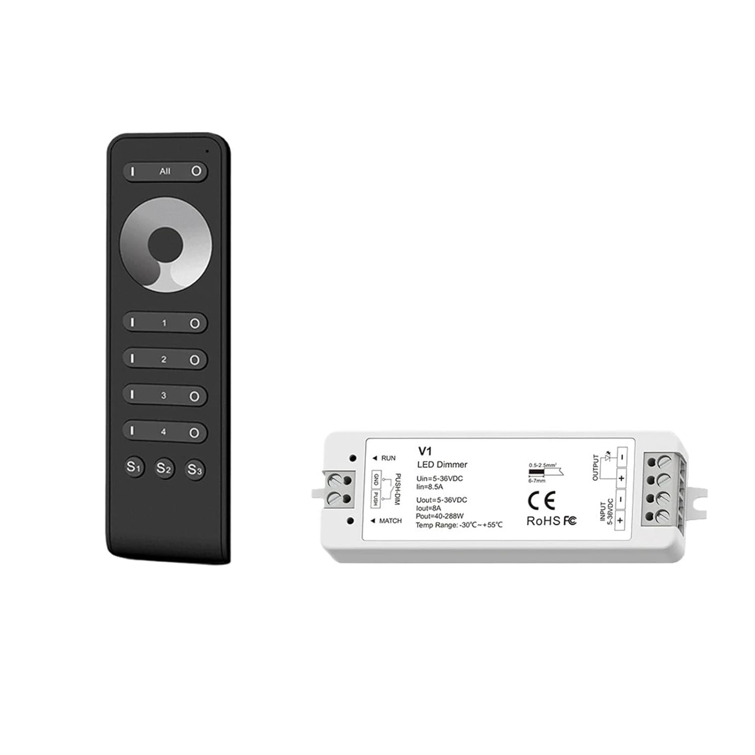 4 Zone Dimming Kit V1 Single Color LED Dimmer DC 5V 12V 24V 36V Push Pull Dimming 13 Keys Touch Wheel 2.4G Remote Control RS1(RS1 and 1pcs V1 KIT)
