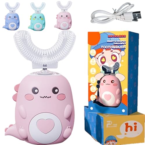 Cepillo de dientes eléctrico en forma de U para niños pequeños, cepillo de dientes eléctrico en forma de U, dinosaurio de dibujos animados, cepillo de dientes ultrasónico en forma de U, recargable e