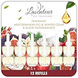 LASENTEUR Duftölflakon Nachfüller, 12er Set, 4 Düfte mit Feige, Schwarzer Granatapfel, Kokos-Vanille und Winter-Zeder, Raumduft und Lufterfrischer für Räume, kompatibel mit Air Wick/Glade Duftstecker