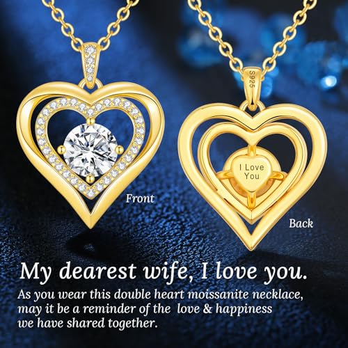 Moissanite Heart Pendant Necklaces for Women, 925 Sterling Silver Gold Plating Lab-Created Gem Necklace Engraved with 'I LOVE YOU', Ideal Anniversary Birthday Christmas Valentine Engagements Mothers Day Jewelry Gifts for Mom Wife Girlfriend Daughter Her3