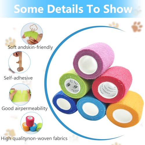 12 Rollen Selbstklebender Verband, 5cm x 5m Selbsthaftende Bandage für Erste Hilfe, Elastische Fixierbinde Cohesive Bandage Haftbandage für Hund/Katze/Füße/Fingerpflaster/Knöchelverstauchungen