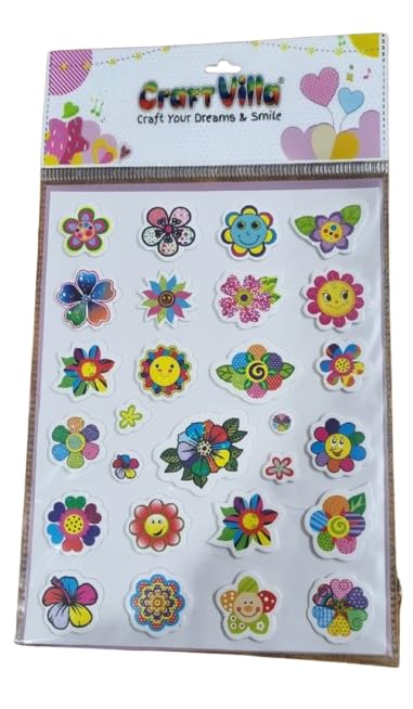 CraftVilla Colourful Paper Flower Stickers Puffy Self Adhesive Stickers Pack of 5 For School Students Children Friends Family Art & Craft DIY Scrap Book Projects Very Easy To Use On Different Surfaces