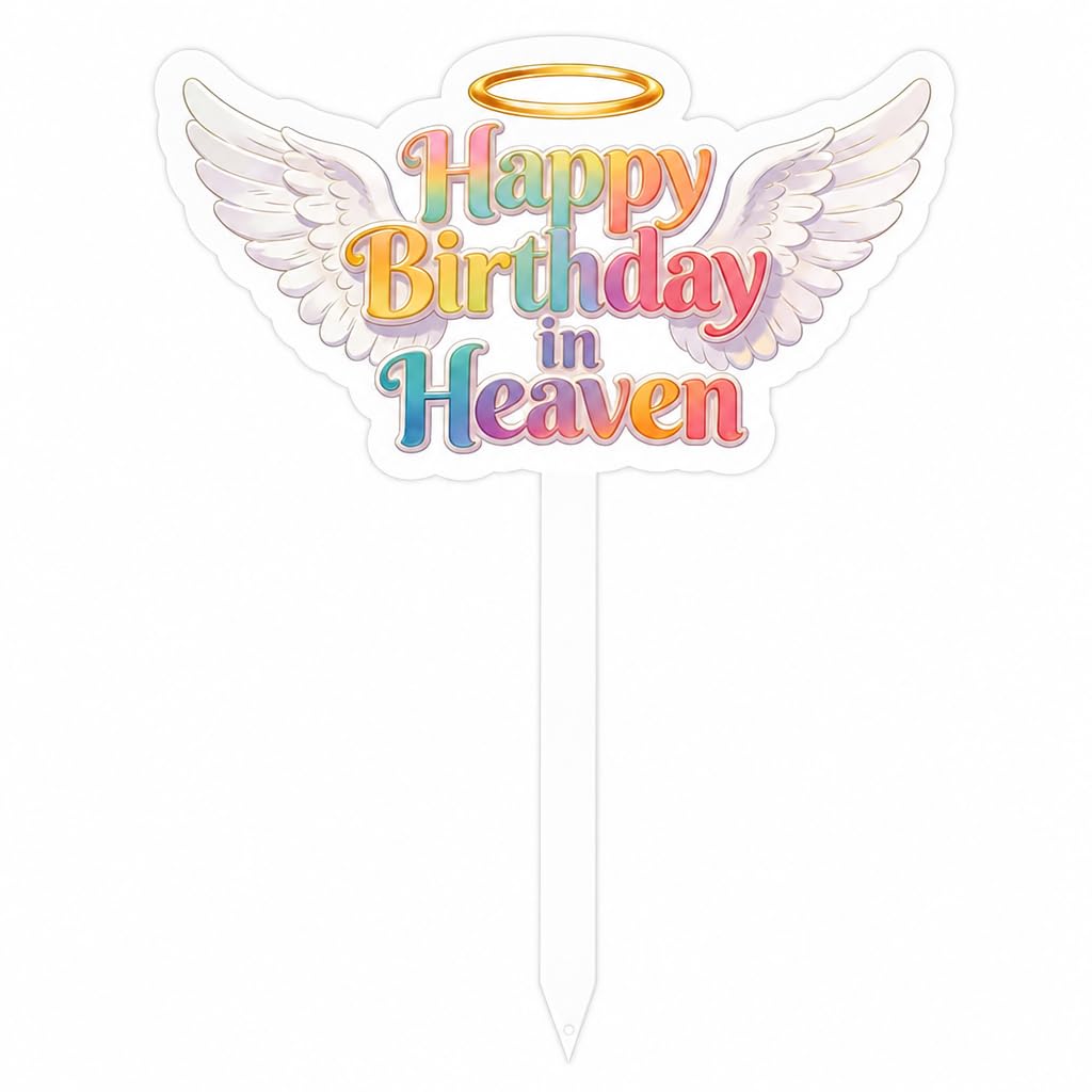 Artomnivera Happy Birthday in Heaven Grave Decorations, Colourful Metal Memorial Stake with Heart Plaque, Cemetery Grave Marker for Outdoor Garden Yard Memorial Display, 30 x 20cm