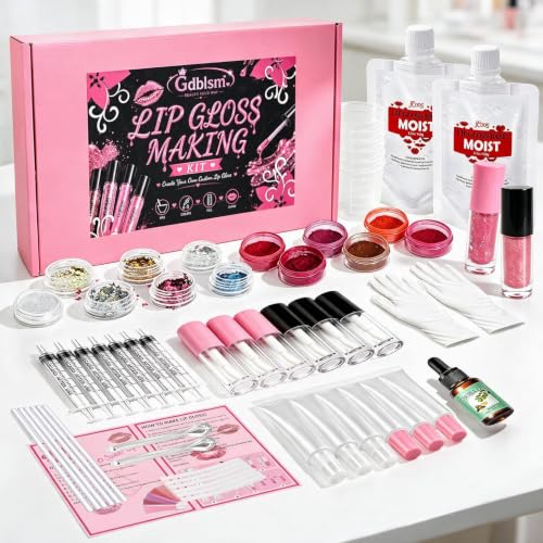 Gdblsm DIY Lip Gloss Making Kit for Girls, Lip Gloss Kit with Moisturizing Gloss Base, Jojoba Oil, Mica Powder, Glitter, Empty Lip Gloss Tubes & Containers, Fun Makeup Craft Gift for Teens & Women