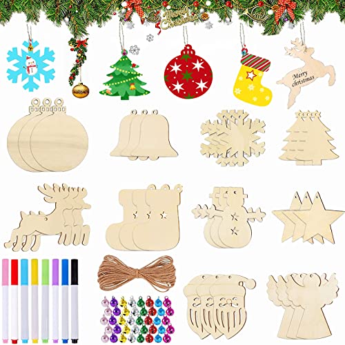 98 Stück Weihnachtsbaum Deko Holz,Basteln Weihnachten Kinder,Holzanhänger zum Bemalen,Baumanhänger Weihnachten Basteln,Weihnachten Basteln Deko,DIY Basteln für Weihnachten Cover