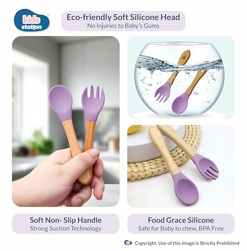 Image of Kids Station Koala Design 5-Piece Silicone Feeding Set for Babies | BPA-Free, Includes Suction Plate, Bowl, Spoon, Fork & Bib | Ideal for Infants & Toddlers (Set of 5 Koala Feeding Set, Purple)