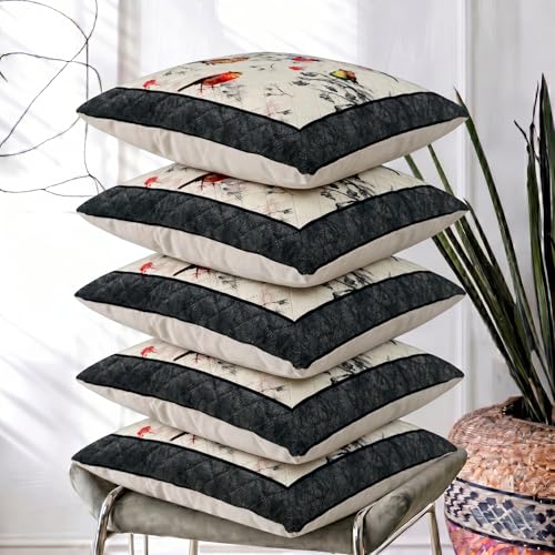 Image of Nendle Printed Holland Velvet Cushion Covers Set of 5, 16 x 16 Inches (40 x 40 cm), Decorative Sofa Cushion Cover with Zipper Closure, Floral Geometric Abstract Bohemian Designs, Multicolor
