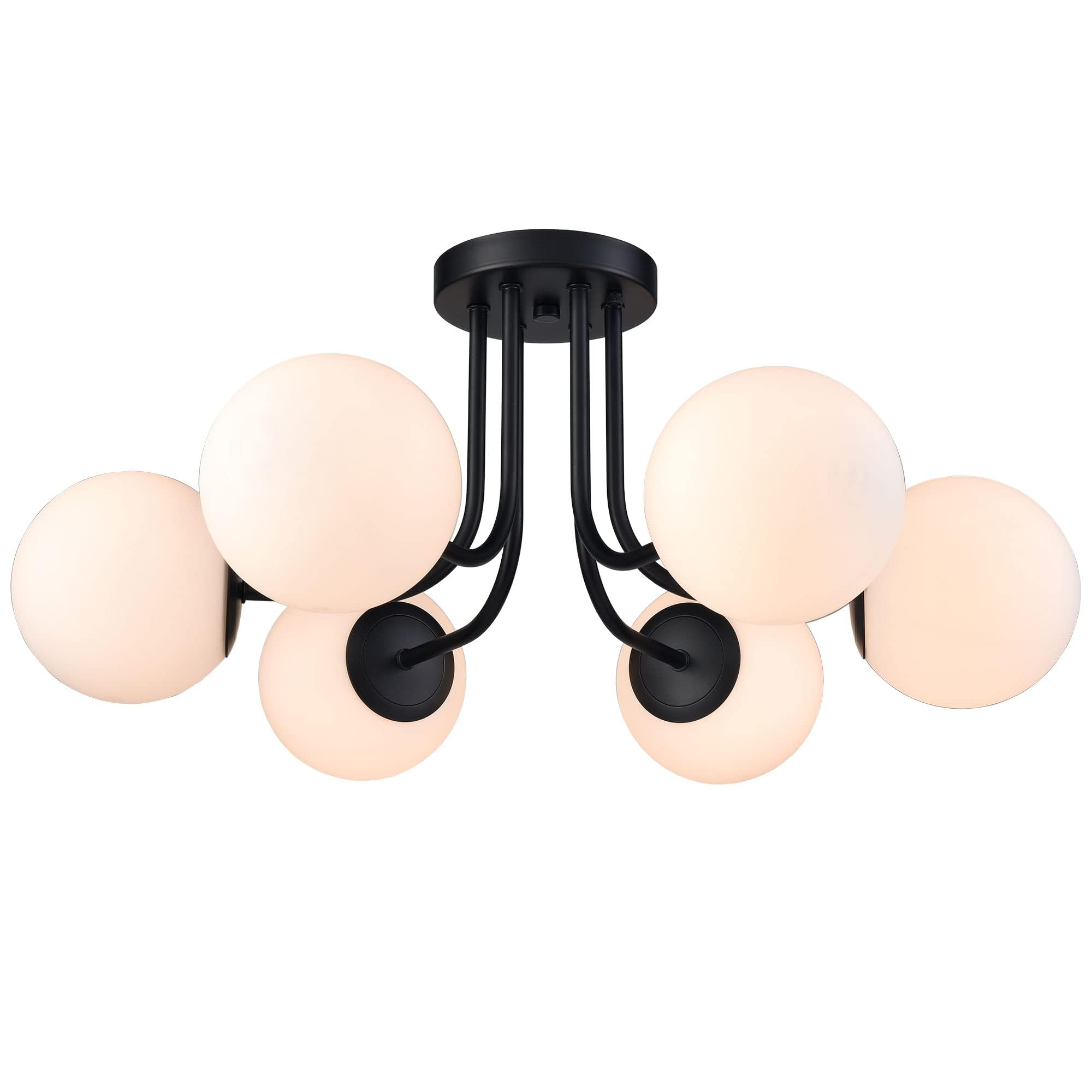 kaixunl Sputnik Ceiling Light with 6-Light Modern Black Ceiling Light Glass Globe Chandelier White Semi Flush Mount Light Shade for Living Room Bedroom Hallway Light Fittings Ceilings