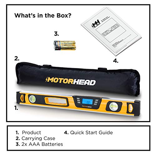 Motorhead 24-Inch 0° - 180° Smart Digital Level, Lcd Screen, Audible Alerts, Water, Dust & Shock Resistant, Magnetic Bottom, Includes Bag, High-Visibility, Solid-Milled Aluminum, Usa-Based Support #TOP7