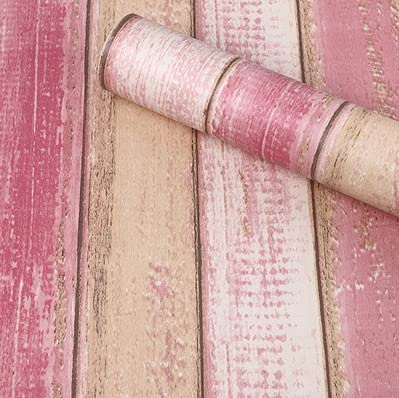 SV COLLECTIONS RED and White Stripes Pink Faux Wood PVC SELF Adhesive Wallpaper Kitchen Bedroom LIVINGROOM Cupboard Cabinet Shelf Furniture Peel and Stick Wallpaper - 200 * 45 cm - 9 SQFT Approx