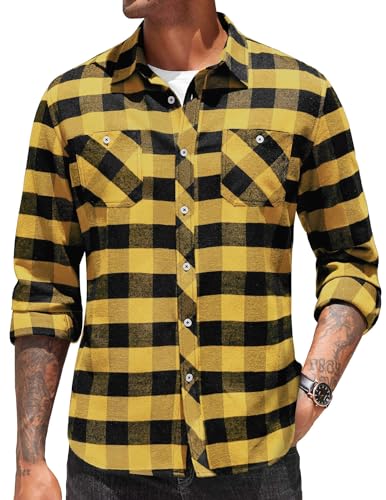 COOFANDY Men's Flannel Plaid Shirts Long Sleeve Casual Button Down Shirt with Pockets Yellow