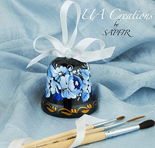Ukrainian Souvenir Hand Painted Lacquered Wooden Decorative Bell With Ethnic Petrykivka Floral Painting, A Nice Home Decor Accent Item In A Gift Box For Women, Hanging Or Desktop (Blue And White) #TOP3