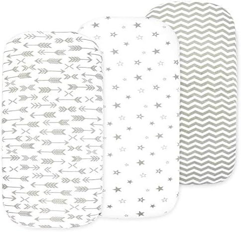 Baby Bassinet Sheet Set for Boy and Girl, 3 Pack, Universal Fitted for Oval, Hourglass & Rectangle Bassinet Mattress, Fitted Sheets Size 32 x 16 x 4 Inches, Grey-White