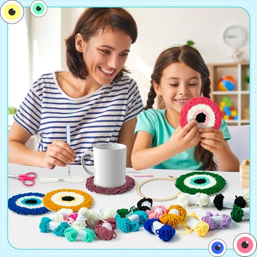 Image of WATINC Devil Eye Punch Needle Coaster Kit - 22Pcs Easy Art Work Decor Craft Supplies Kits for Beginners, DIY Set of 6 Pattern Tufted Rug Pads with Adhesive Felt Yarns Embroidery Hoop Instruction Gifts