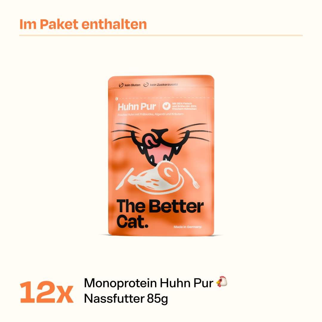 The Better Cat Cibo umido senza cereali con percentuale di carne extra elevata. Cibo per gatti di alta qualità senza cereali e senza zucchero con prebiotici (pollo), 12 x 85 g