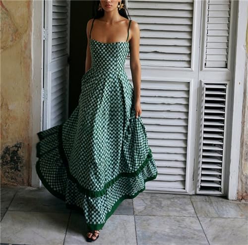 Image of Yuemengxuan Boho Maxi Dresses for Women Spaghetti Strap Flowy Smocked Long Dress Casual Summer Vacation Beach Maxi Dress