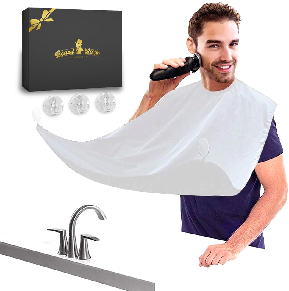 Beard Bib Apron, Beard Catcher with Suction Cups - Best Gifts for Him Men Dad Father Husband, Beard Trimmer Catcher Men's Birthday Gift (White)