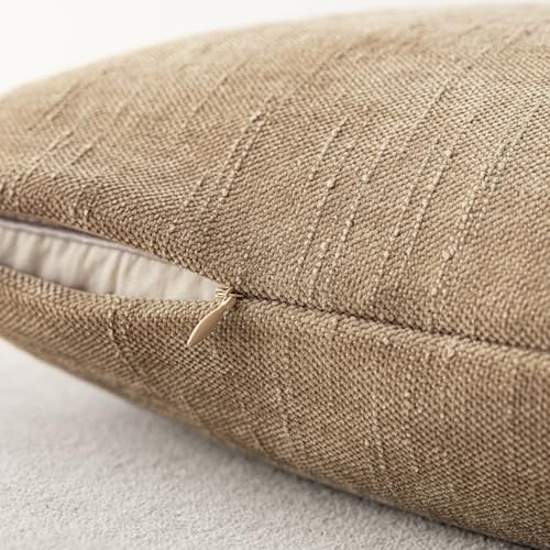 Image of Foindtower Pack of 2 Textured Chenille Throw Decorative Pillow Covers Square Accent Solid Cushion Cover Neutral Farmhouse Pillow Case for Couch Sofa Bedroom Living Room 20x20 Inch,Taupe Khaki Camel