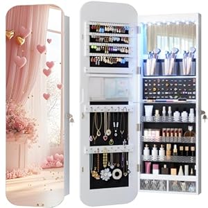 Vlsrka LED Ovaler Schmuckschrank Hängend, Türspiegel/Wandspiegel Schmuckschränk, Schmuckschrank mit Spiegel und Beleuchtung, Schmuckspielgelschrank Holz Abschließbarer, Gewölbter Spiegelschrank, Weiß