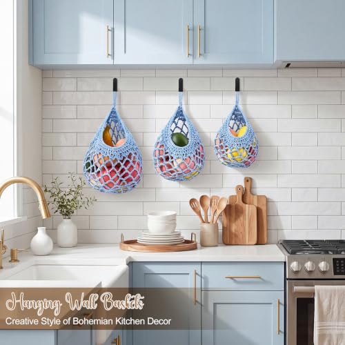 Image of Honeydak 3 Hanging Baskets, Light Blue, Crochet, Cotton Rope