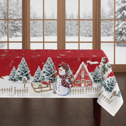 Rote Tischdecke Weihnachten,weihnachtstischdecke abwaschbar,150x200cm Weihnachts tischdecke groß mit Haus Schneemann Baum,tischtuch Weihnachten,weihnachtsdeko tischdecke für Zuhause,Küche,Fest,Party