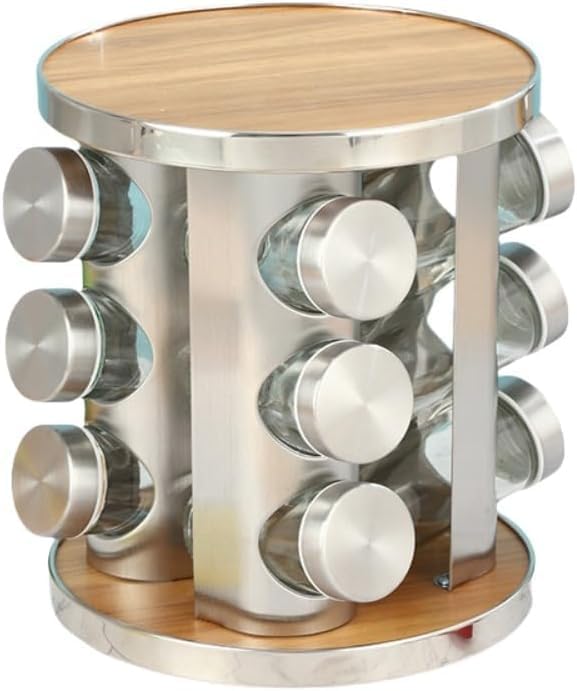 KOKUMON 回転式スパイス収納ラック、スパイス、シンプルなスパイスボトル、キャビネットスパイスタワー、ステンレススチールガラスス