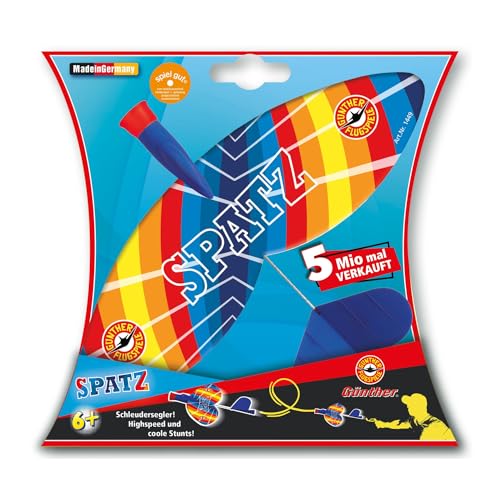 GÜNTHER FLUGSPIELE 1449 - Schleudersegler Spatz, ca. 24 x 20 cm, Katapultstarter mit folienbespannten Flügeln, für Kinder ab 6 Jahren, mit Flexibler Heckflosse