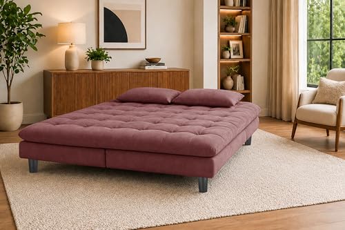 Image of 3-Seater Velvet Sofa Cum Bed, Tufted Convertible Sleeper Couch Space-Saving Design, Comfortable Cushioned Seating - Rose Pink Color