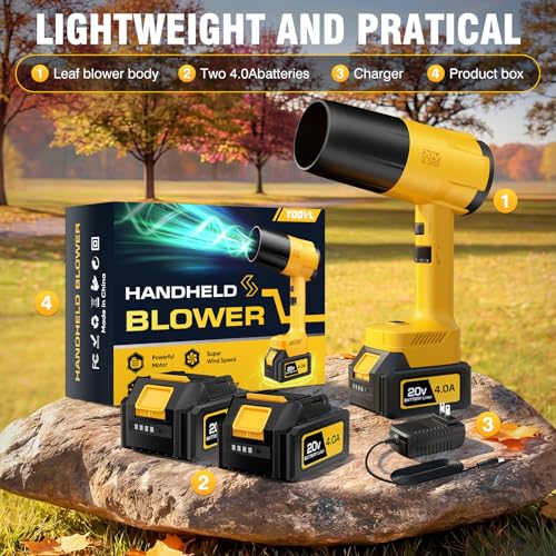 Image of Leaf Blower Cordless, Handheld Leaf Blower with 2 X 4.0Ah Battery and Charger, Snow Blower with 6 Speed Modes, Lightweight Blowers for Lawn Care, Patio, Yard, Blowing Snow, Leaves, Dust-Yellow