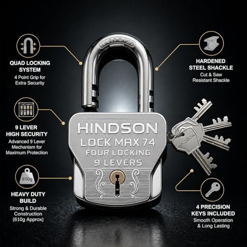 Image of HINDSON 4 Locking Heavy Duty Padlock | Lock MAX 74 | 9 Lever Steel Lock & Key | Chrome Finish Big Size 610g Approx Padlock with 4 Keys for Home, Gate & Shutter Security