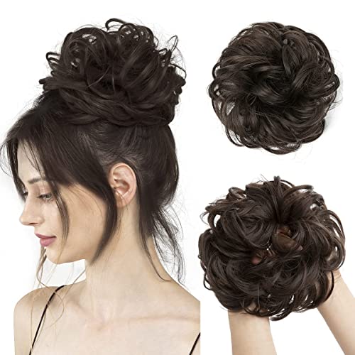 1 PCS Messy Hair Bun Extensions Black Brown Wavy Curly Synthetic Ponytail Hairpiece Thick Updo Large Fake Hair Bun Scrunchies for Women Girls Kids (Dark Brown)
