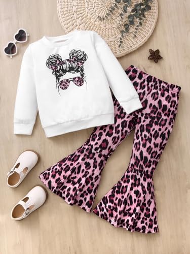 Image of KIDLAGA Toddler Girl Clothes Figure Graphic Drop Shoulder Top Pullover Leopard Print Flared Pants Fall Winter Outfit Set