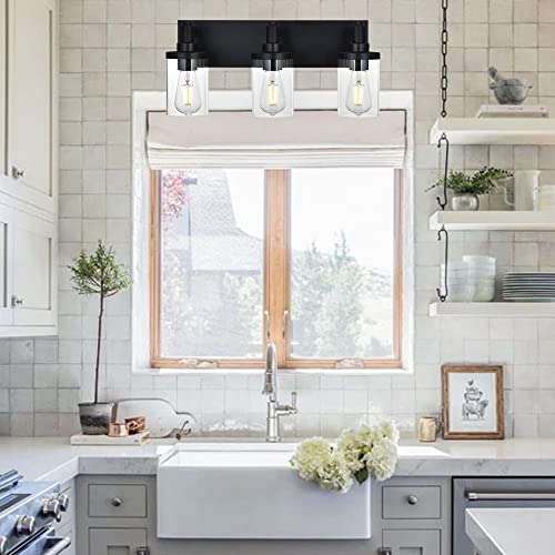 Image of Modern Vanity Lighting,3 Light Matte Black Bathroom Light, Vintage Wall Sconces Lighting with Clear Class Shade Industrial Bath Wall Mounted Lights for Mirror, Living Room, Bedroom Hallway