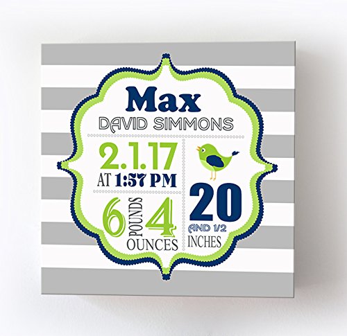 Personalized Stretched Canvas, Striped Birth Announcement, Custom Baby Name, Date, Weight Stats, Safari Lovebird Nursery Wall Decor, Wooden Frame Construction, Ready to Hang 24X24