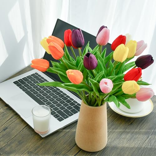 Image of ONLY ART Artificial Multicolor Tulips 20 Pcs - 13.5 Inch PU Faux Flowers with Bendable Stems for Home Decor, Wedding Centerpieces, DIY Floral Arrangements, New Year and Valentine's Day