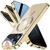 SIYUKBM [Full Camera Protection& Mechanical Lock] Magnetic Privacy Case for iPhone 15 Pro[Compatible with MagSafe][CD Metal Ring] Full Body Shockproof Metal Bumper, 9H Anti Peeping Glass Cover-Gold