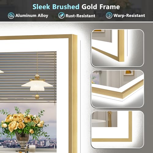 Image of 44x36 Gold LED Bathroom Mirror with Lights, Backlit & Front Lit | Brushed Gold Framed, Anti-Fog Lighted Vanity Mirror, Dimmable, 3-Color Temp, Memory, CRI95, HD Tempered Glass, UL Listed