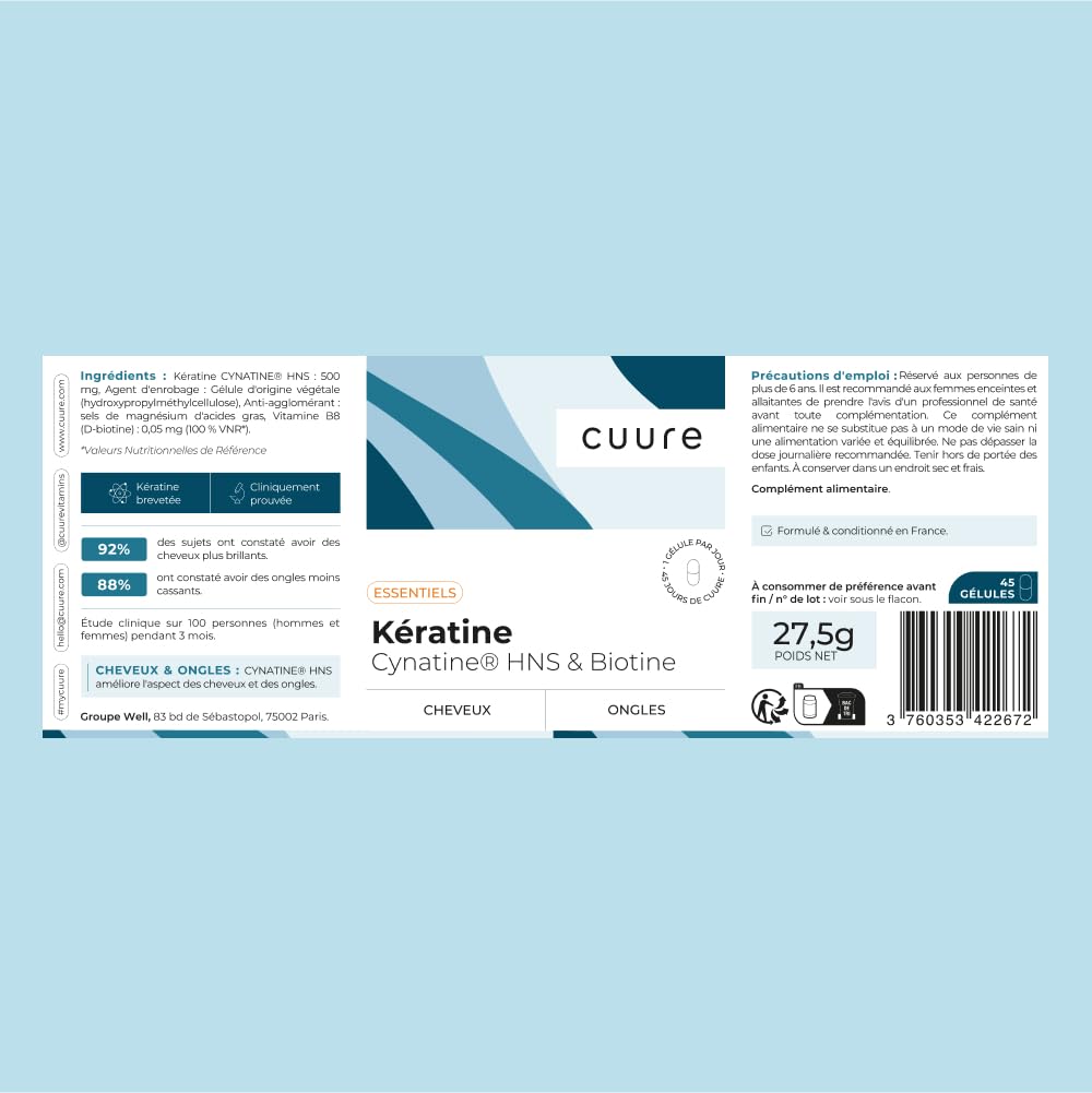 Kératine et Biotine - CUURE - Ingrédient Breveté Cynatine - 45 Jours - Pousse & Brillance des Cheveux - Vitamine B8 - Complément Alimentaire Cheveux, Ongles & Peau - Fabriqué en France