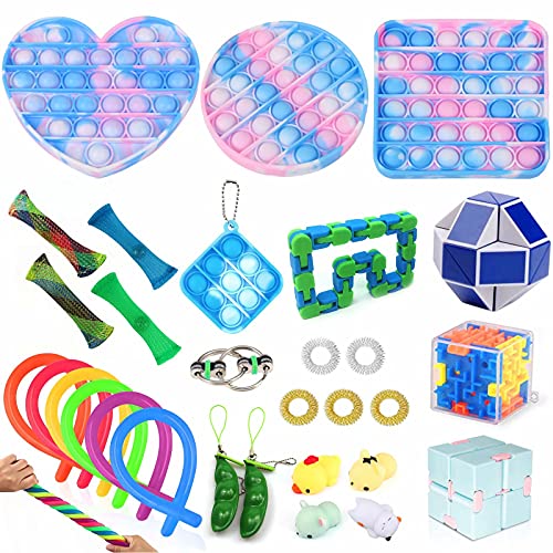 RURING 30pcs Fidget Toys Sensory Fidget Toys Set Fidget Toys Set Tangle Fidget Toys Anti-Anxiety Tools and Special Toys Fidget Toys Relieves Stress Squeeze Toy for Birthday Party Rainbow Colors Pink